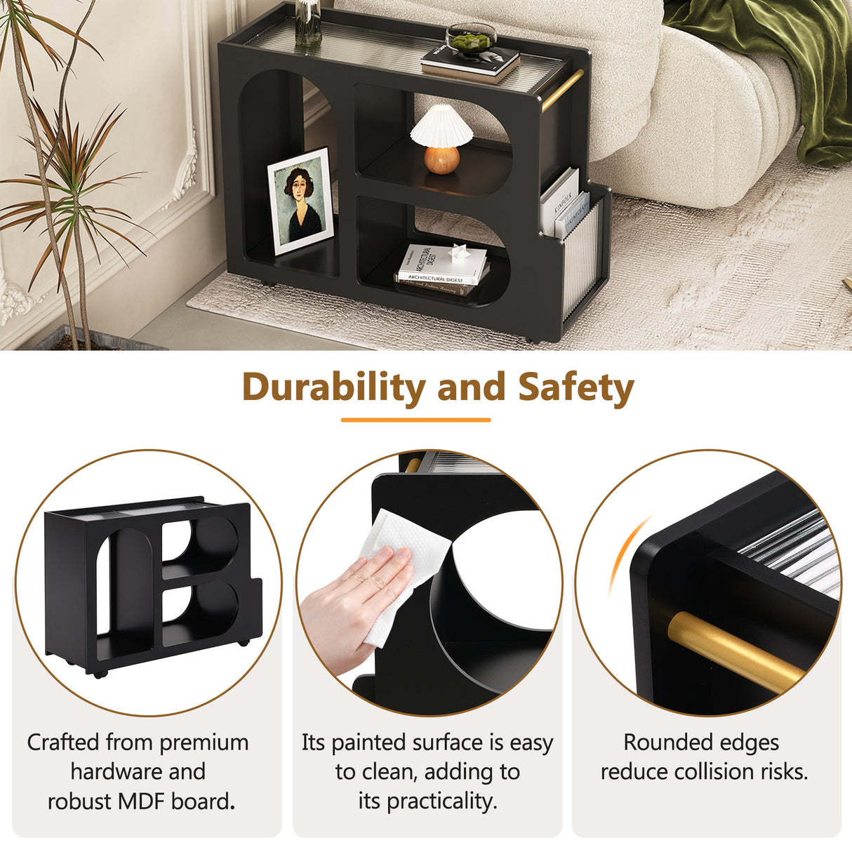 Stylish mobile desk with lockable wheels,bedside table with 5mm thick grooved tempered glass and gold round bars ，black Julia M Home & Kitchen
