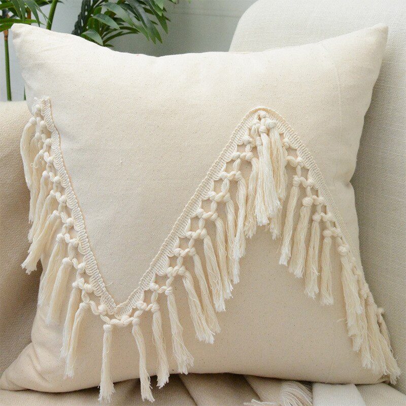 Tassels Cushion Cover 45x45cm - Beige and White Boho Decor - Julia M LifeStyles