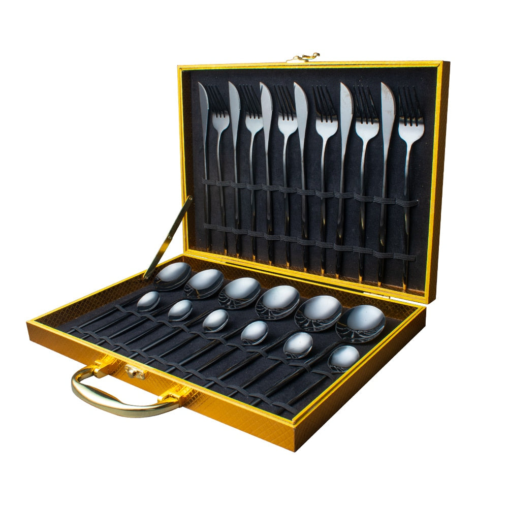 24pcs Gold Dinnerware Set Stainless Steel Tableware Set Knife Fork Spoon Luxury Cutlery Set Gift Box