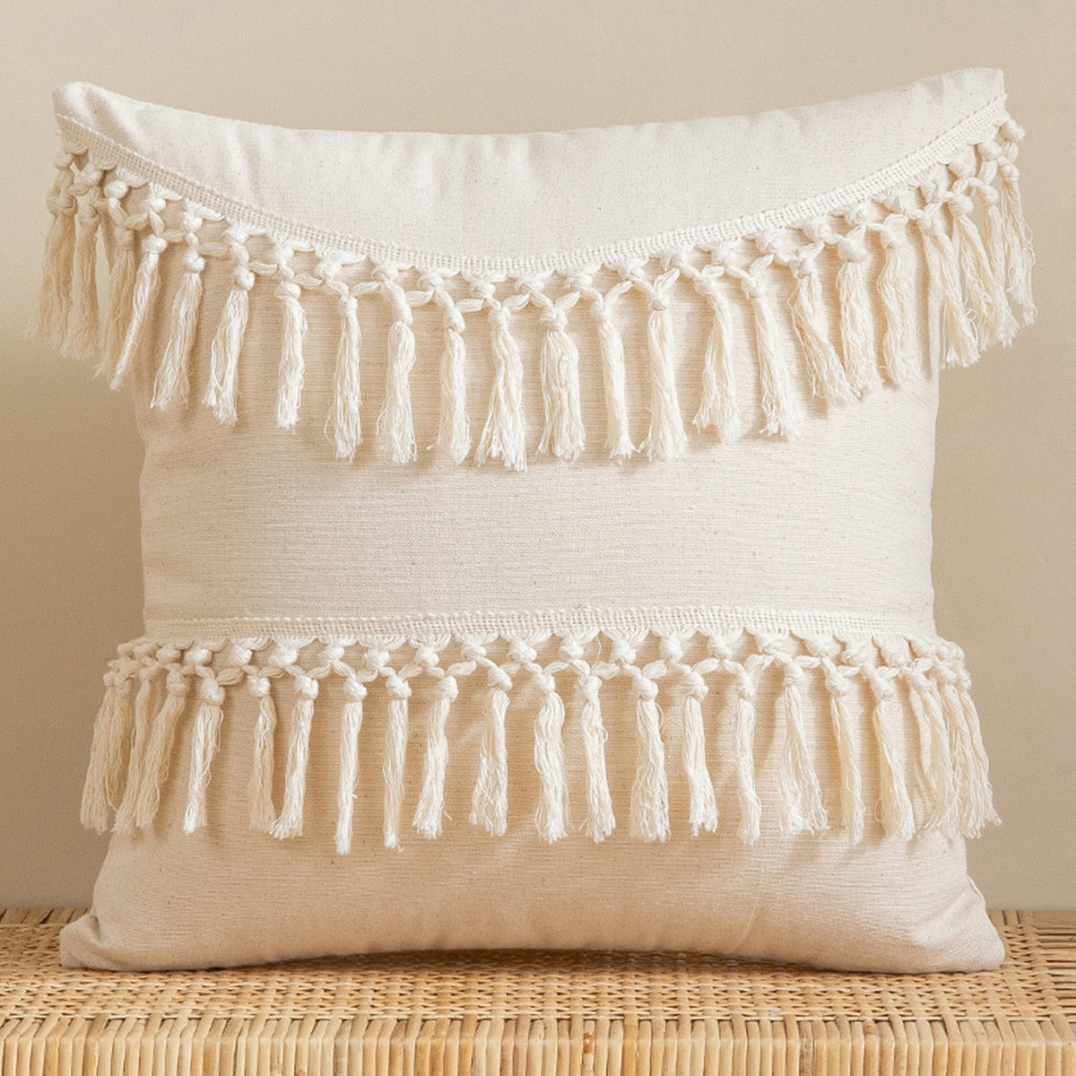 Tassels Cushion Cover 45x45cm - Beige and White Boho Decor - Julia M LifeStyles