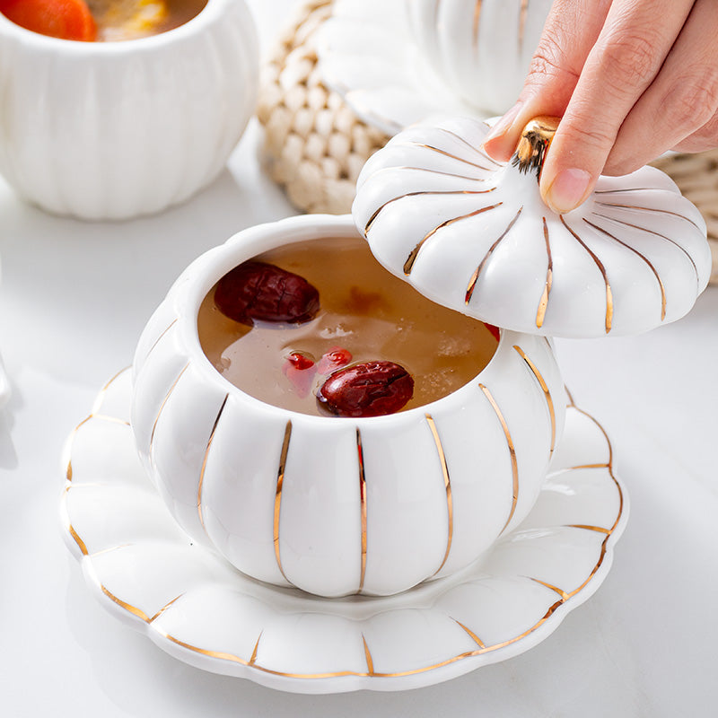 Creative Ceramic Pumpkin Cup, Steamed Egg Cup, Stewed Pot with Cover, Pure White Mini Bird's Nest Cup, Soup Cup - Julia M LifeStyles