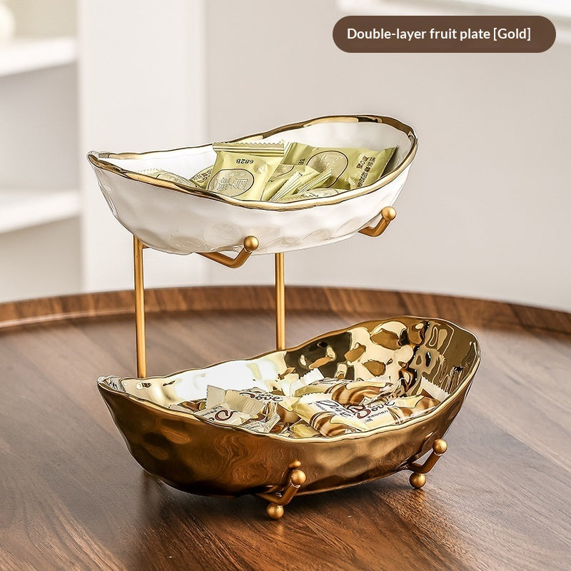 Multi-Layer Light Luxury Ceramic Fruit Tray with Electroplated Gold or Silver Frame