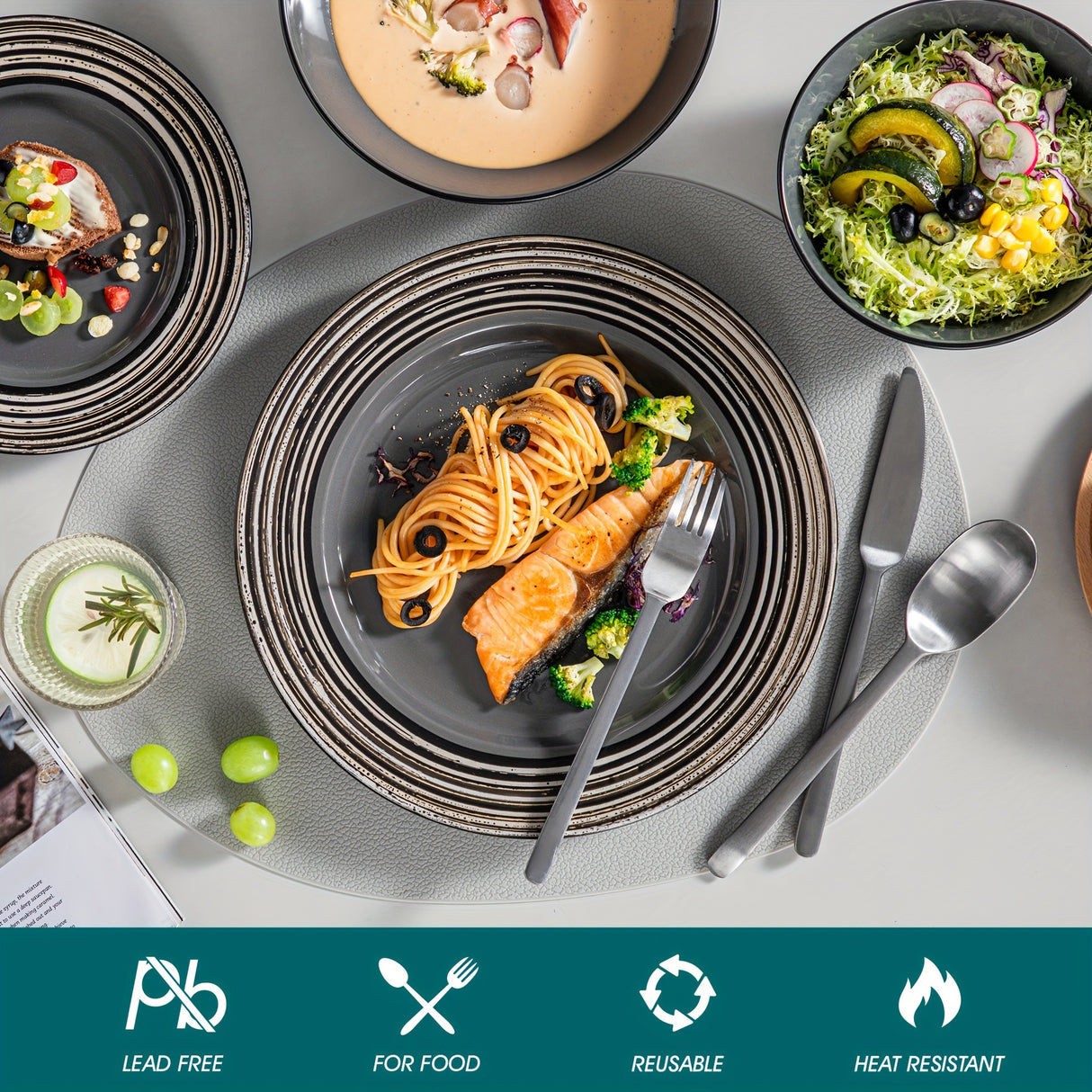 16-Piece Premium Stoneware Dinnerware Set - Elegant Bark Glaze, Scratch-Resistant & Dishwasher Safe - Modern Grey, Perfect for everyday Home Dining and Family of 4