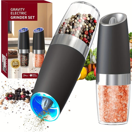 [Electric Salt Grinder] Electric Salt And Pepper Grinder Set, 110ml, 6 Adjustable Coarseness, LED, Automatic, Black And Silver, 1/2 Packs Julia M LifeStyles