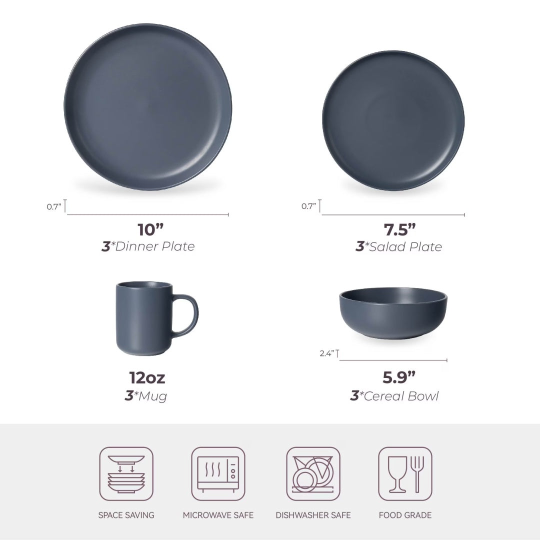 Premium 12-Piece Blue Stoneware Dinnerware Set with Mugs – Elegant Matte Glaze, Microwave & Dishwasher Safe
