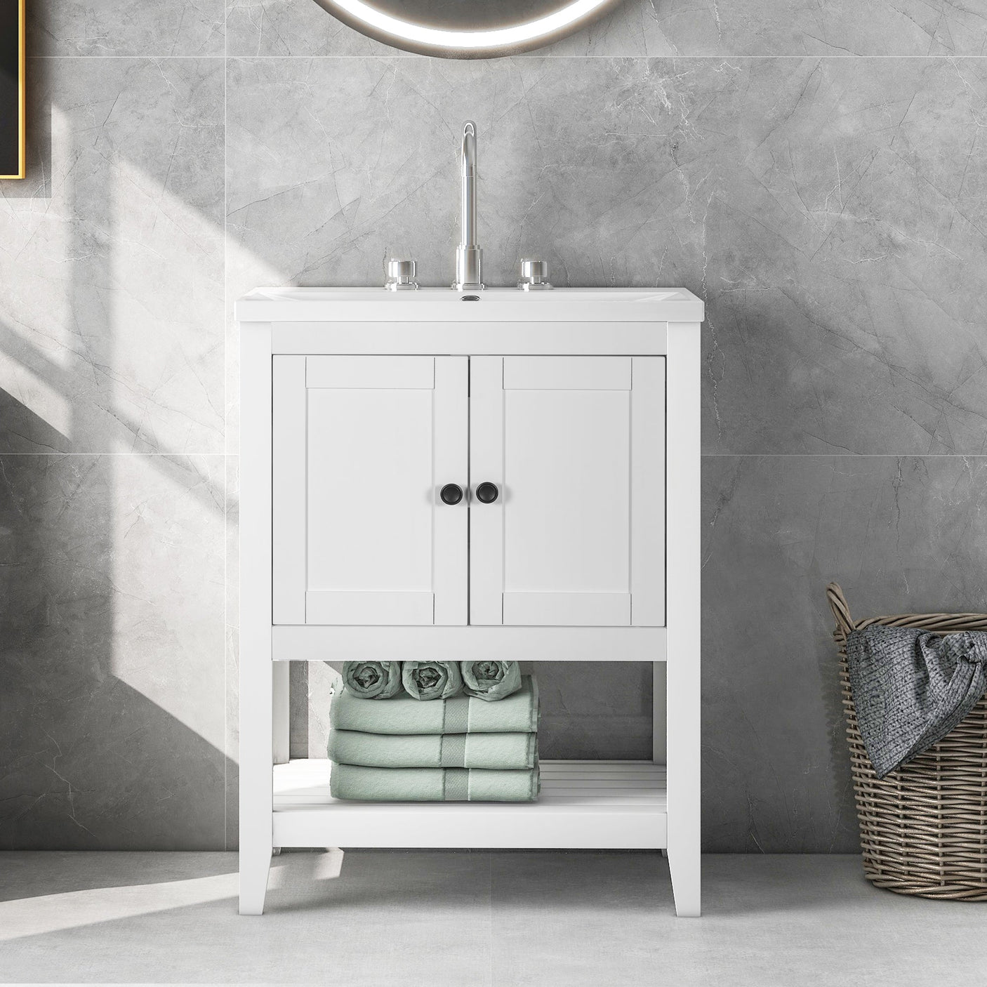 24" White Modern Sleek Bathroom Vanity Elegant Ceramic Sink with Solid Wood Frame Open Style Shelf Julia M Home & Kitchen