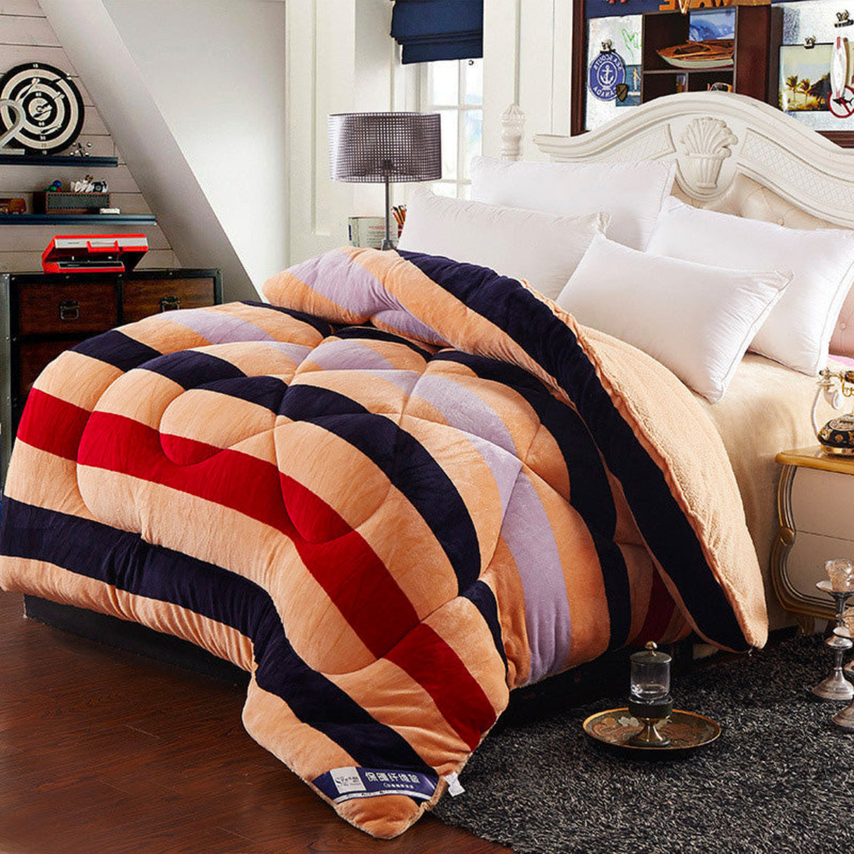 Colorful striped comforter on a bed in a bedroom setting