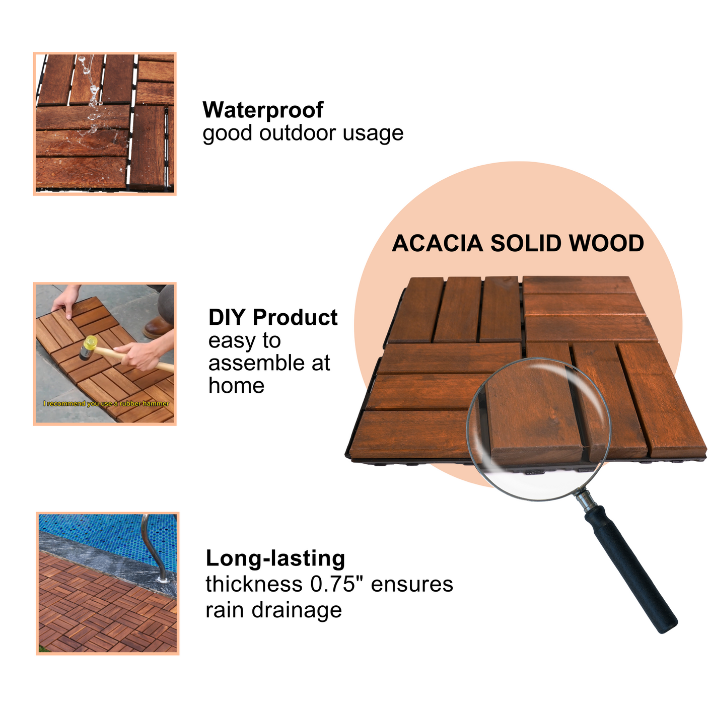 Acacia interlocking deck tile grid pattern, 10 pieces of 12 inch x 12 inch square brown Acacia hardwood outdoor flooring - Julia M LifeStyles