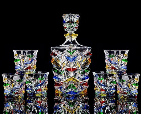 Colorful hand-painted glass decanter set with ice crack design on a black background