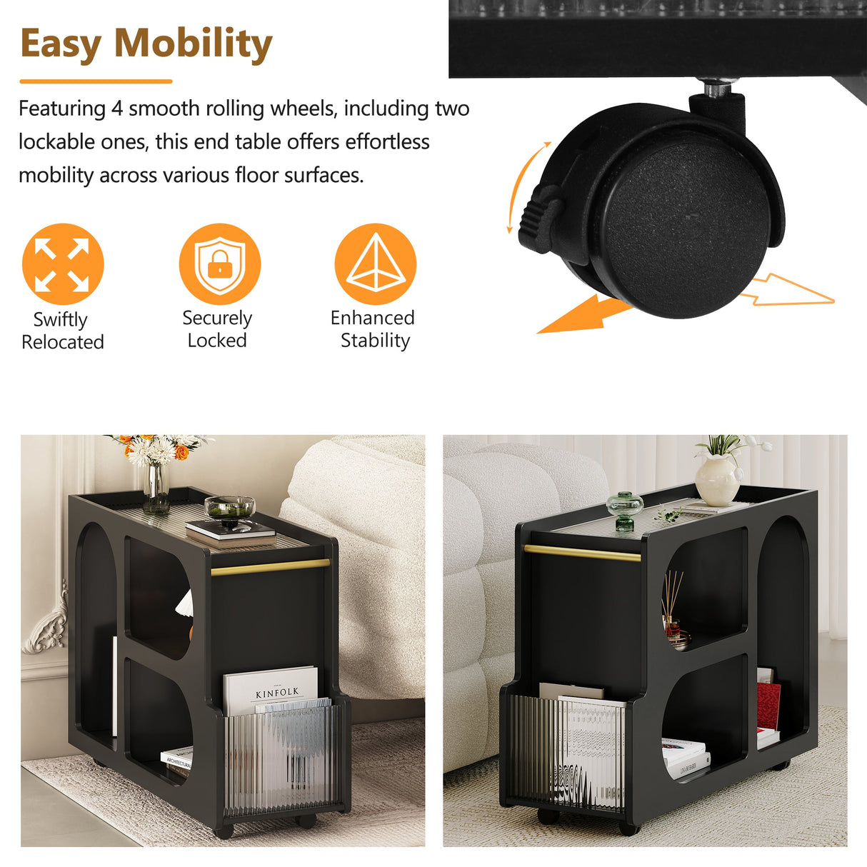 Stylish mobile desk with lockable wheels,bedside table with 5mm thick grooved tempered glass and gold round bars ，black Julia M Home & Kitchen