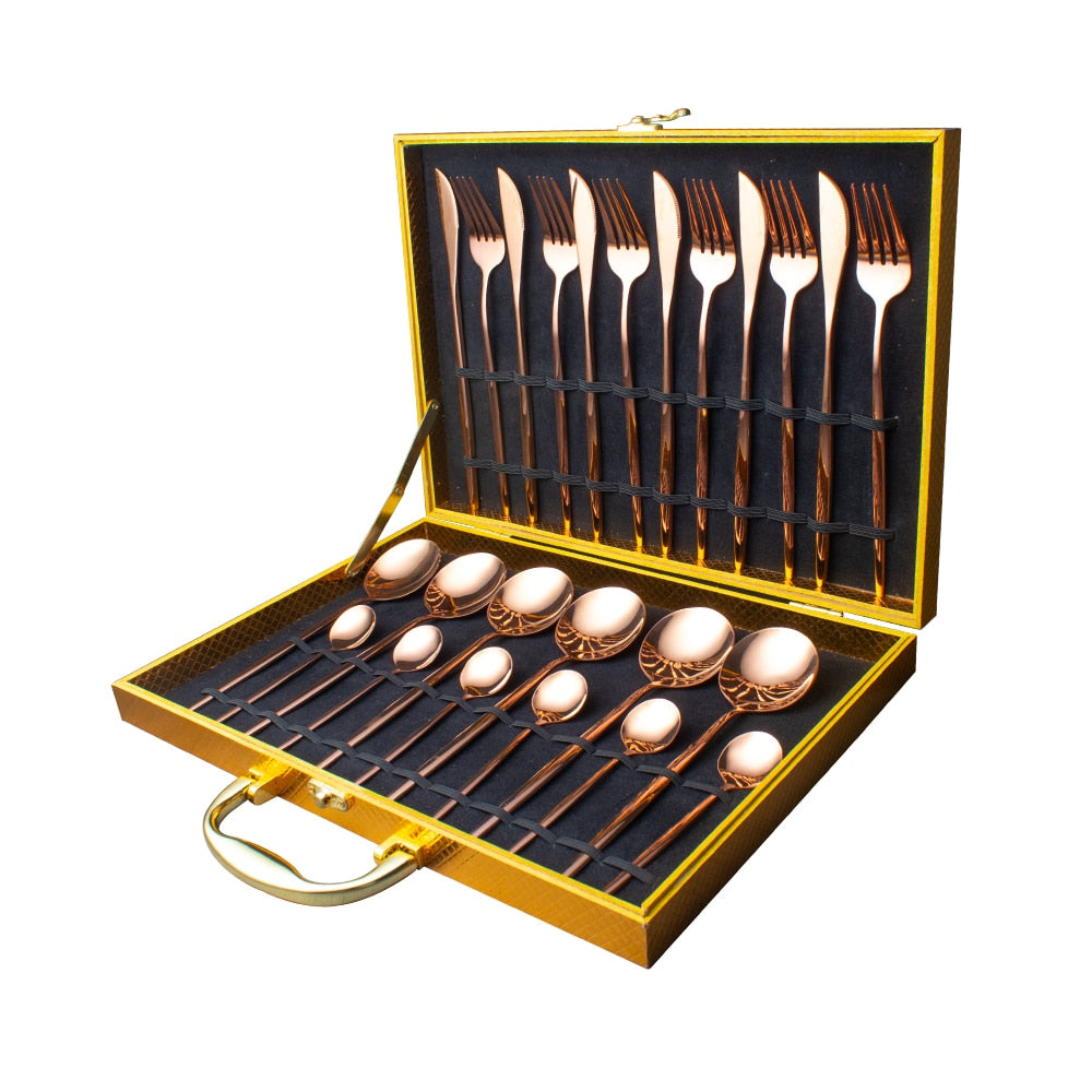 24pcs Gold Dinnerware Set Stainless Steel Tableware Set Knife Fork Spoon Luxury Cutlery Set Gift Box