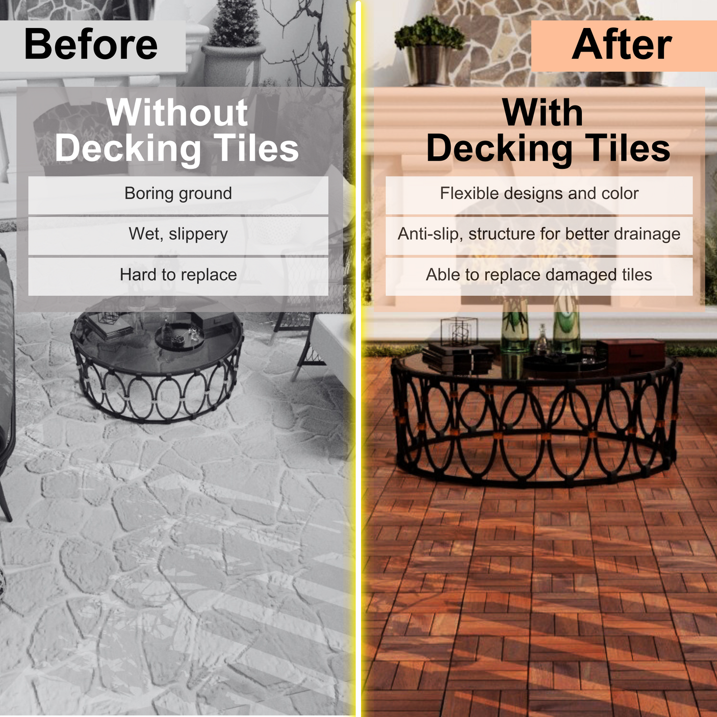 Acacia interlocking deck tile grid pattern, 10 pieces of 12 inch x 12 inch square brown Acacia hardwood outdoor flooring - Julia M LifeStyles