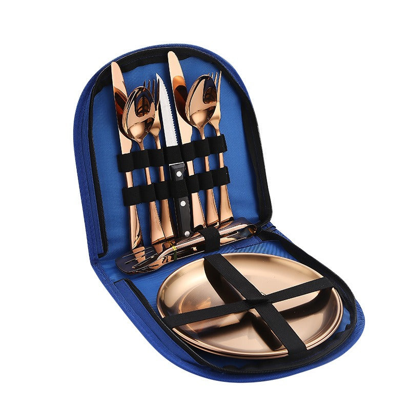 Stainless Steel Tableware Outdoor Camping Western Style Steak Knife Fork Spoon Dinner Plate Set Portable Cloth Bag Set