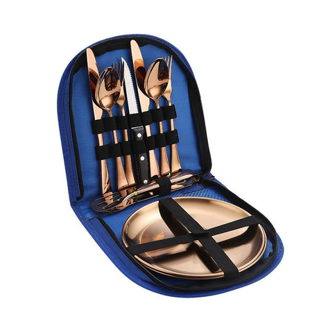 Stainless Steel Tableware Outdoor Camping Western Style Steak Knife Fork Spoon Dinner Plate Set Portable Cloth Bag Set