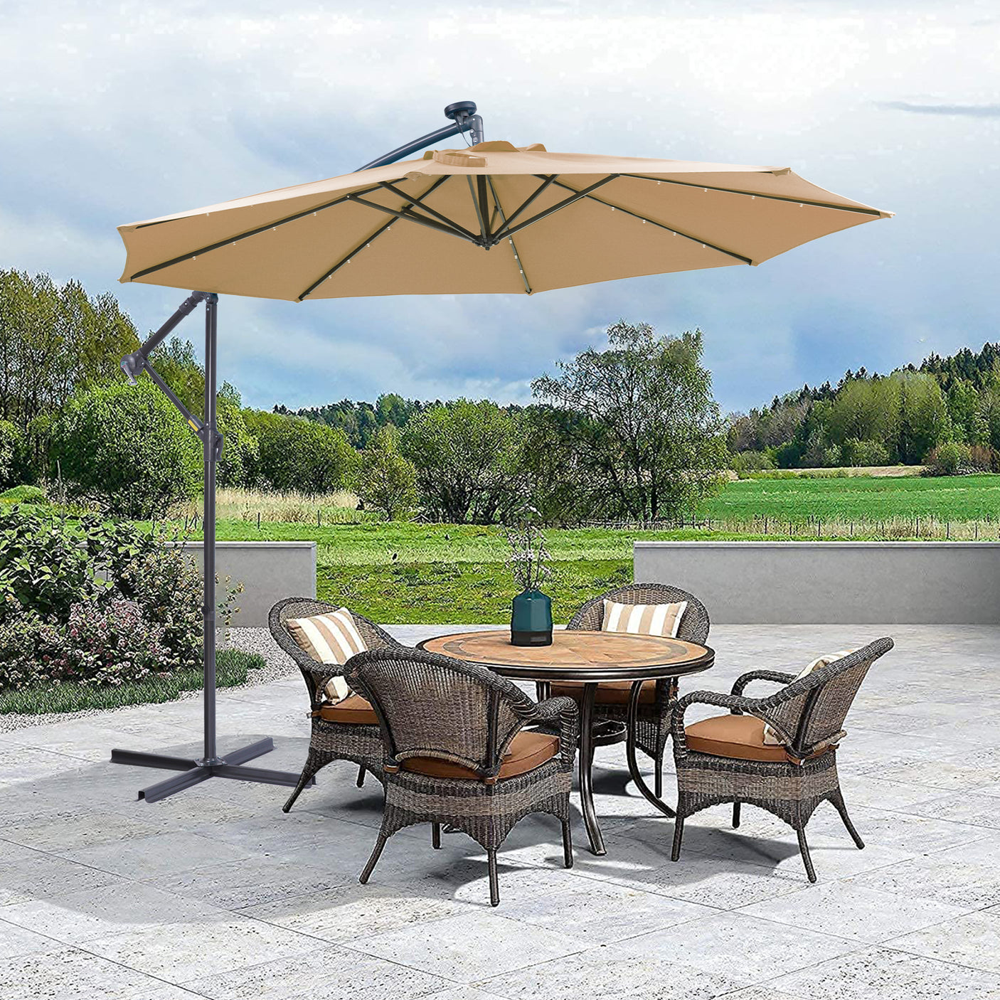 10 FT Solar LED Patio Outdoor Umbrella Hanging Cantilever Umbrella Offset Umbrella Easy Open Adustment with 32 LED Lights -taupe - Julia M LifeStyles