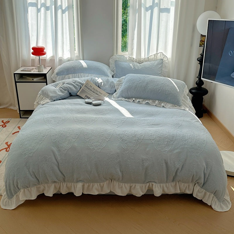 A-class ins princess style milk velvet four piece set lace carved velvet warm duvet cover winter bedding Julia M Home & Kitchen