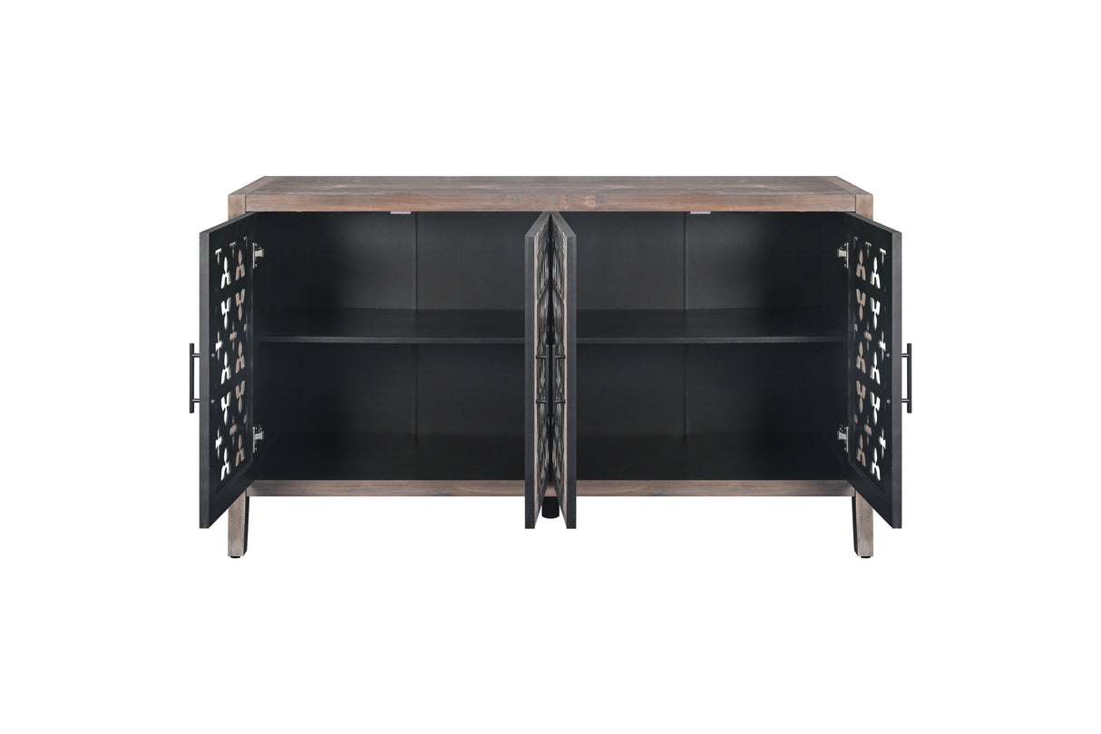 Hollow Four Door Antique Cabinet, American Country Style, Suitable for Living Room, TV Cabinet, Kitchen (Brown)