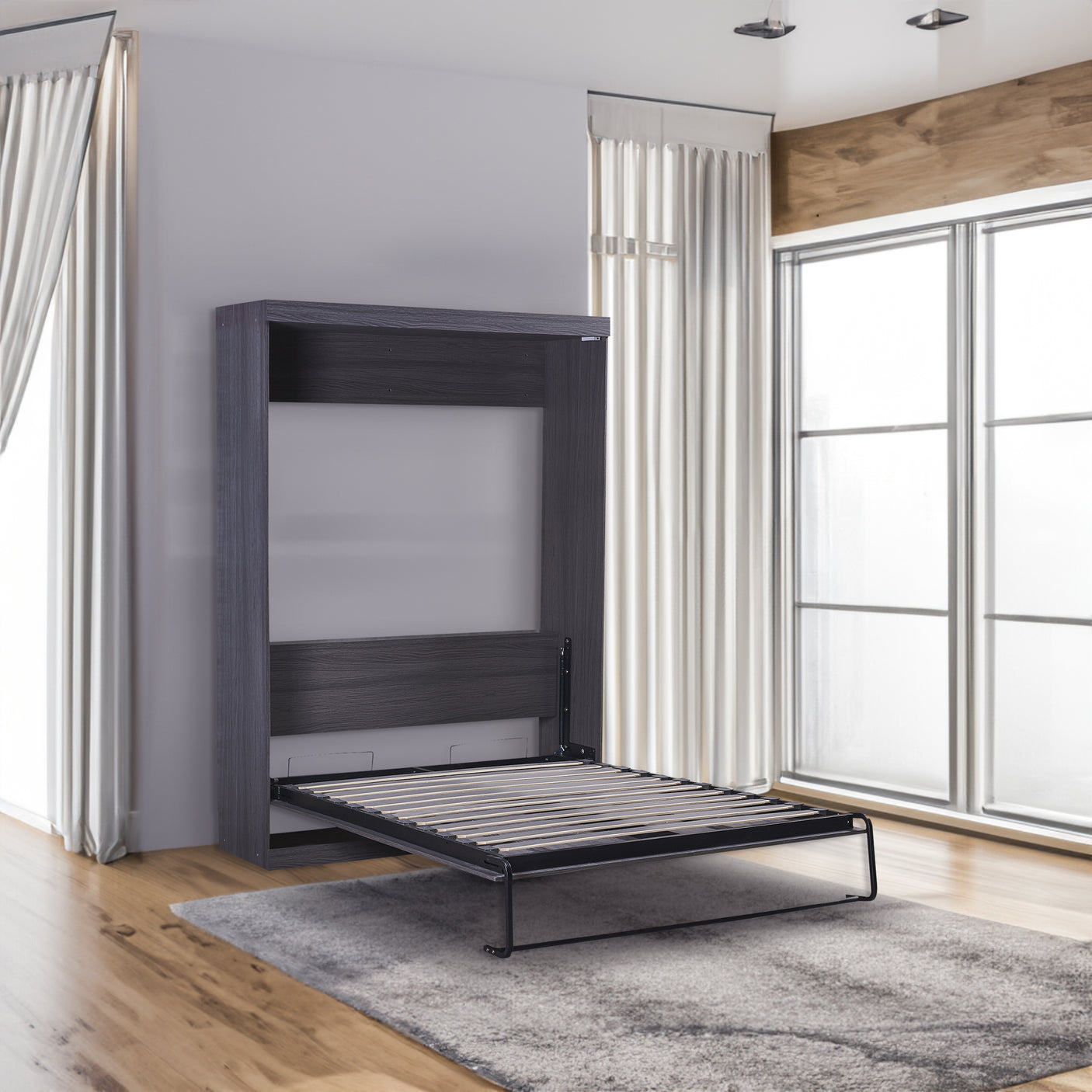 Full Size Murphy Bed with Wardrobe and Drawers, Storage Bed, can be Folded into a Cabinet, Gray - Julia M LifeStyles