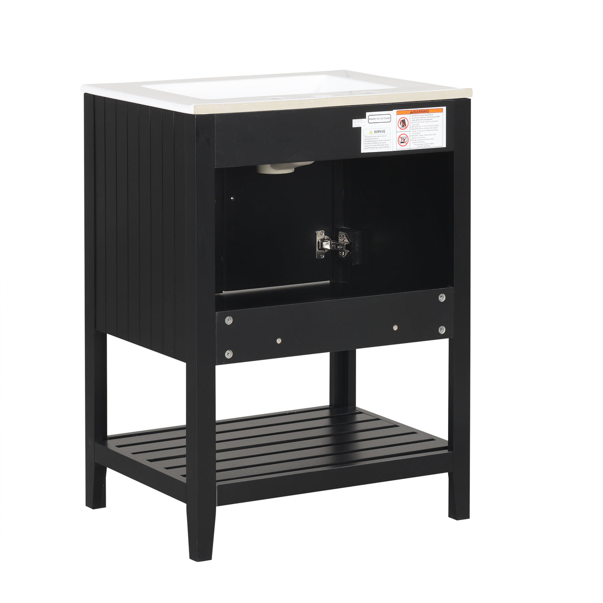 24" Black Modern Sleek Bathroom Vanity Elegant Ceramic Sink with Solid Wood Frame Open Style Shelf