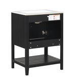 24" Black Modern Sleek Bathroom Vanity Elegant Ceramic Sink with Solid Wood Frame Open Style Shelf