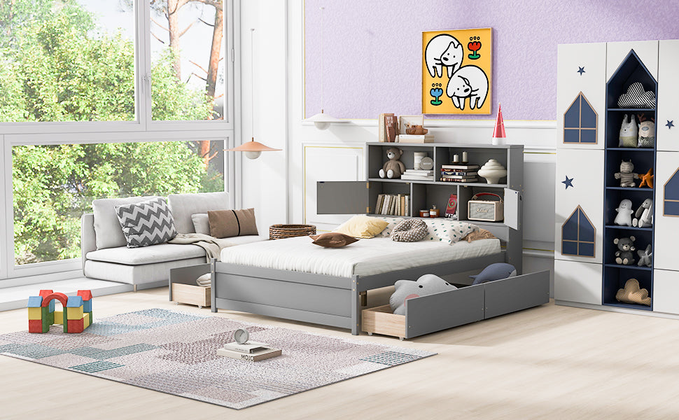 Full Size Platform Bed with Storage Headboard, Charging Station and 4 Drawers, Gray - Julia M LifeStyles