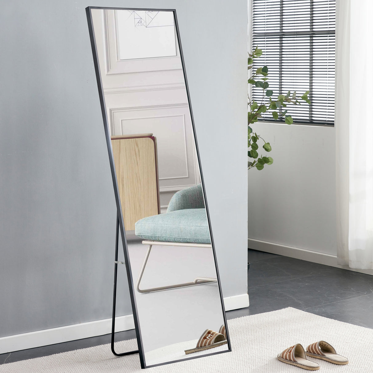 Aluminum Alloy Metal Frame Wall-Mounted Full-Length Mirror Black 65 x 23"