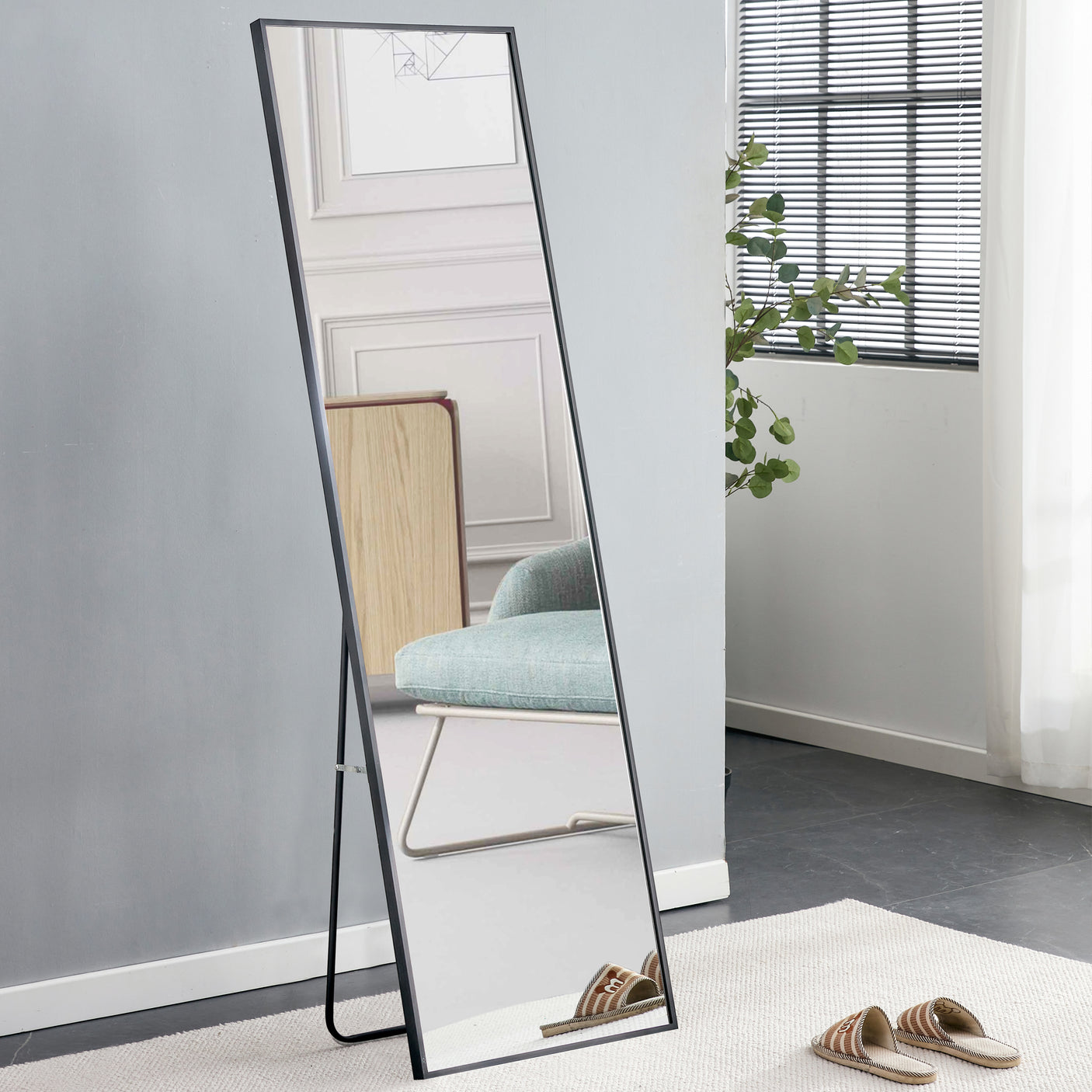 Aluminum Alloy Metal Frame Wall-Mounted Full-Length Mirror Black 65 x 23"