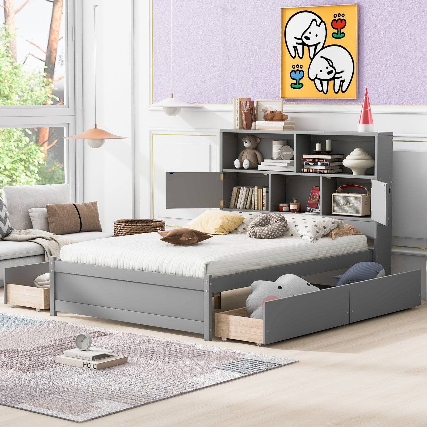 Full Size Platform Bed with Storage Headboard, Charging Station and 4 Drawers, Gray - Julia M LifeStyles