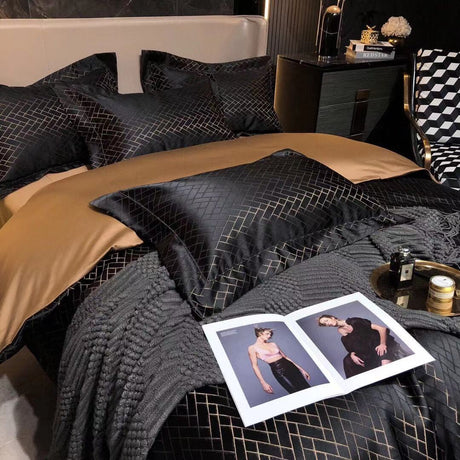 Luxury Retro Style Black Gold Jacquard Cotton Bed Set