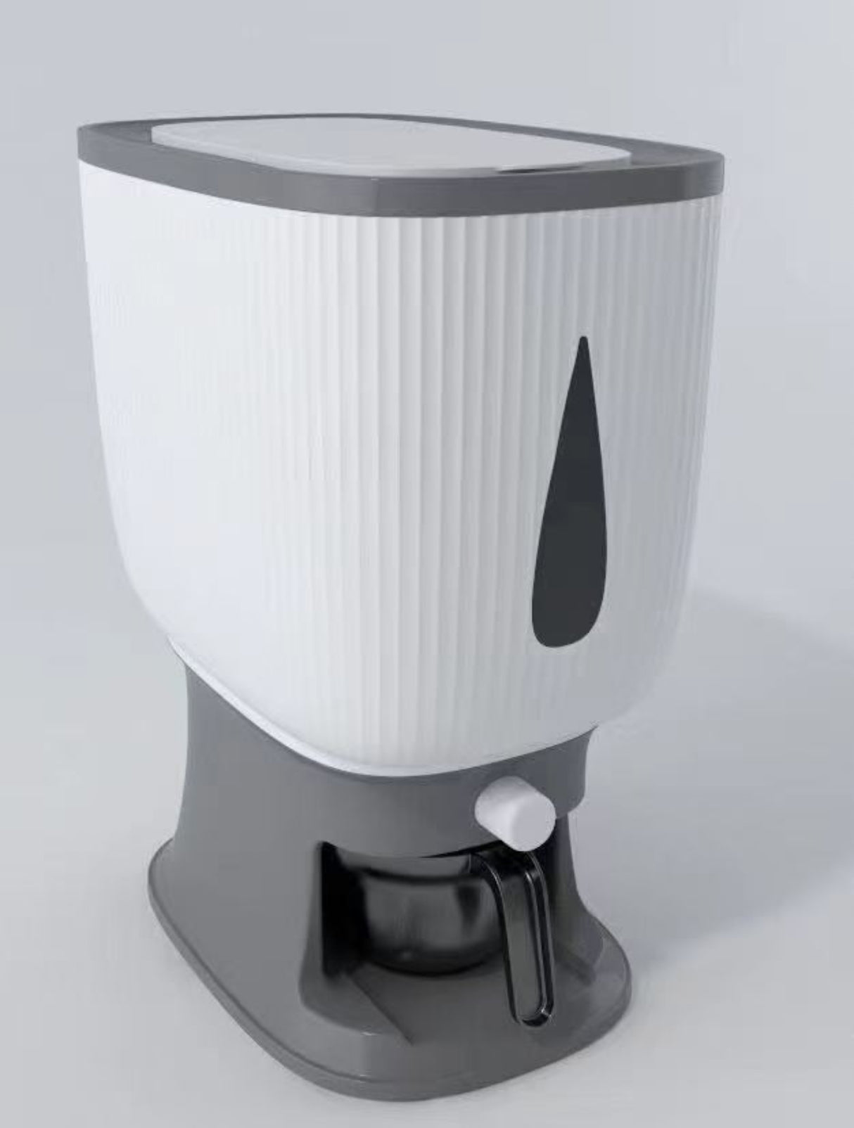 White and gray container with a black triangle on a white background