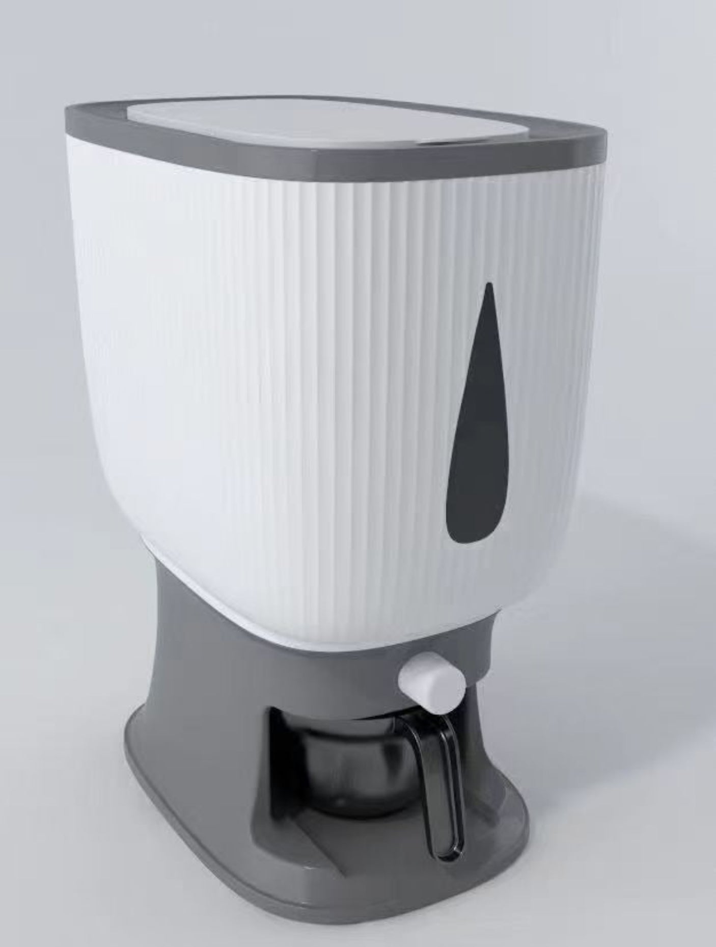 White and gray container with a black triangle on a white background