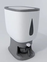 White and gray container with a black triangle on a white background