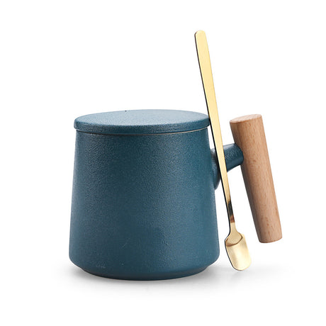 Creative Gift Personalized Ceramic Coffee Mug With Lid Spoon Rough Pottery Cup Lettering Couple Water Cup Logo