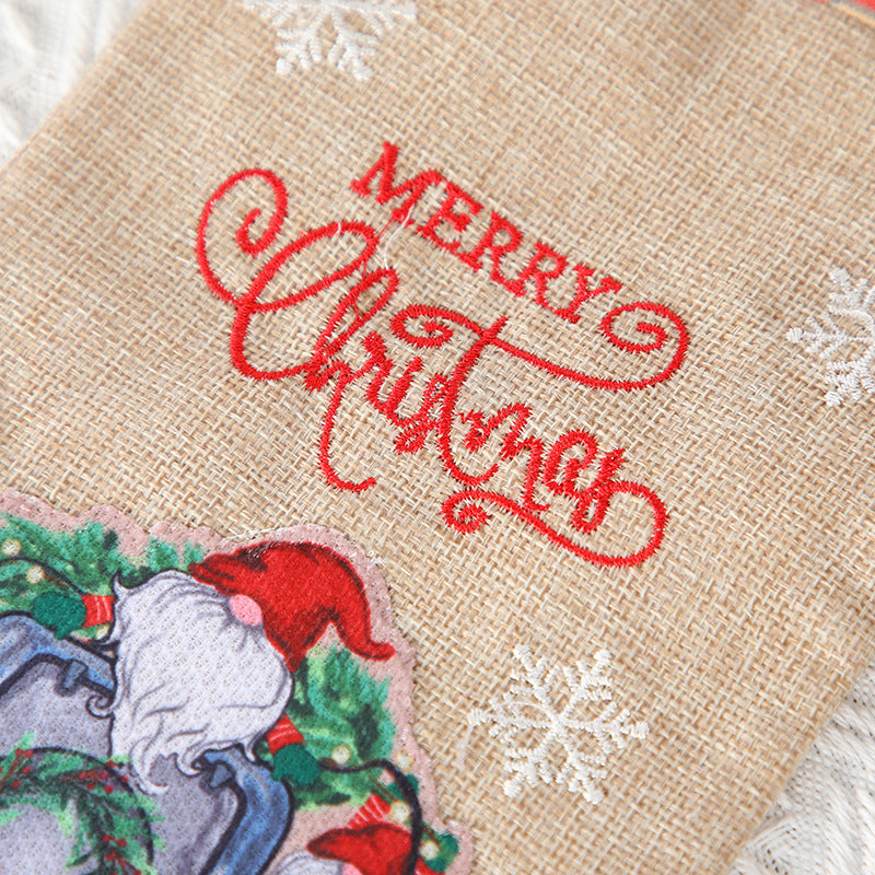 Christmas gift bag, letter printed Santa Claus home decoration, plaid linen red wine set
