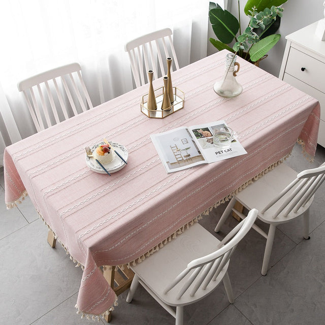 Nordic Christmas Table Cloth Hollow Tassel Table Cloth Solid Color Long Stripe Jacquard Table Cloth Tea Table Mat Cotton Linen Julia M Home & Kitchen