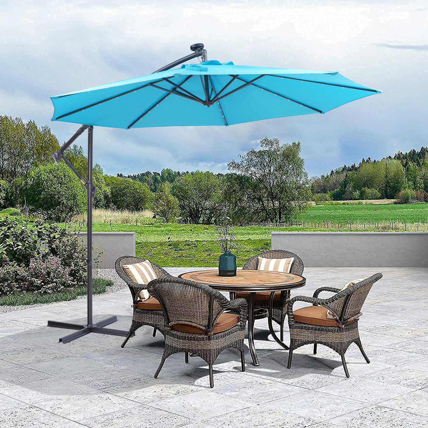10 FT Solar LED Patio Outdoor Umbrella Hanging Cantilever Umbrella Offset Umbrella Easy Open Adustment with 32 LED Lights - Julia M LifeStyles