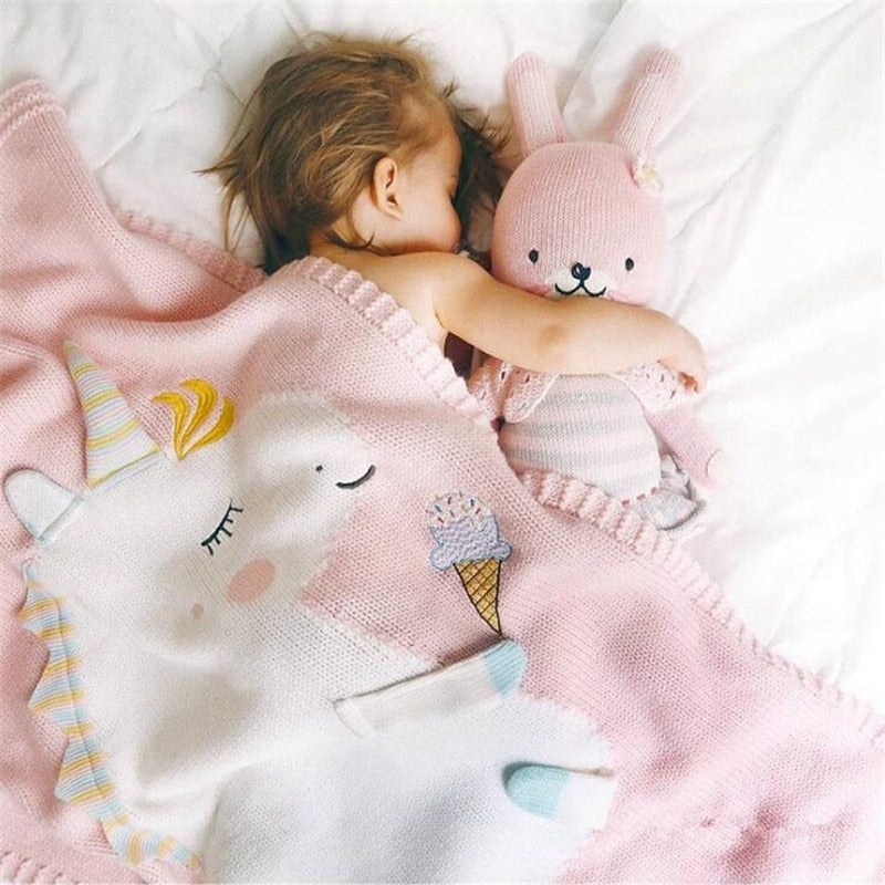 Unicorn Knit Baby Blanket – Soft Warm Swaddle & Bath Towel 60x120cm