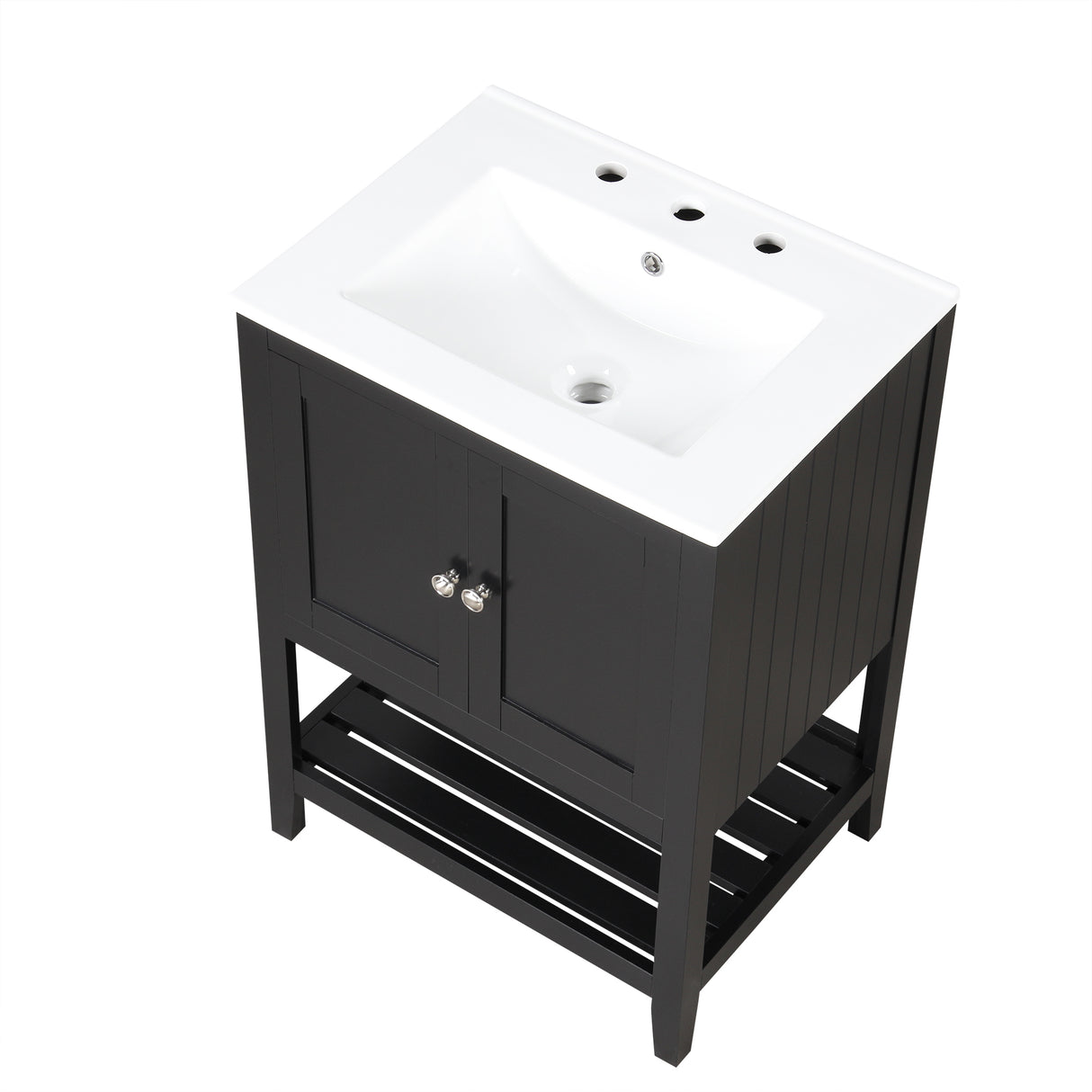 24" Black Modern Sleek Bathroom Vanity Elegant Ceramic Sink with Solid Wood Frame Open Style Shelf
