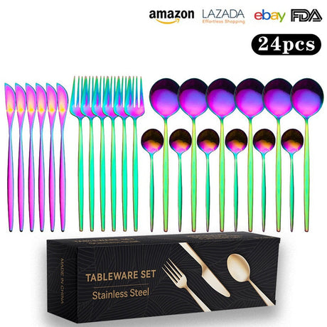 Cutlery Set Stainless Steel Knife Fork Set 24-Piece Tableware Set Golden Steak Knife Fork Spoon 6-Person Set eprolo