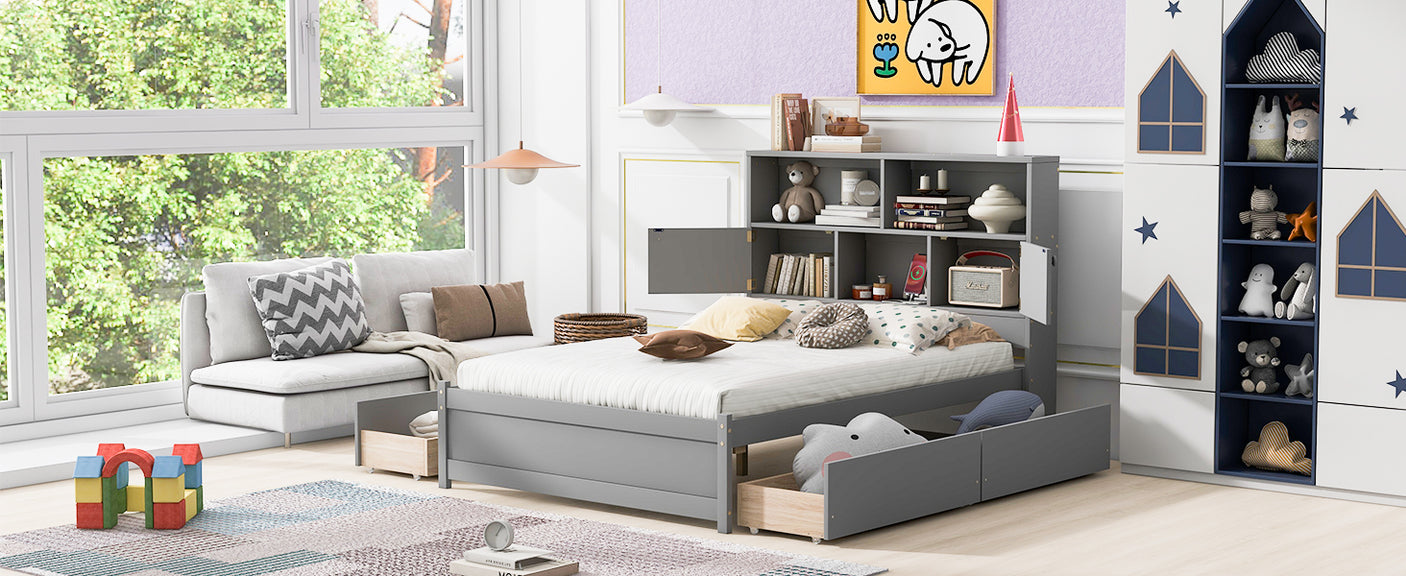 Full Size Platform Bed with Storage Headboard, Charging Station and 4 Drawers, Gray - Julia M LifeStyles