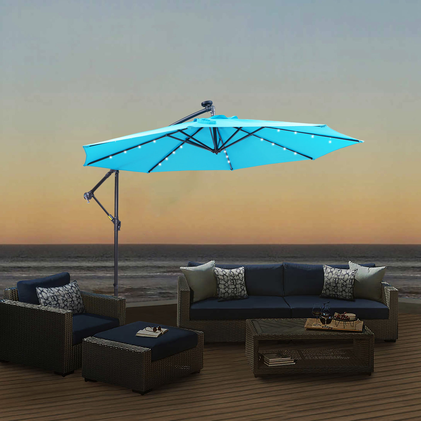 10 FT Solar LED Patio Outdoor Umbrella Hanging Cantilever Umbrella Offset Umbrella Easy Open Adustment with 32 LED Lights - Julia M LifeStyles