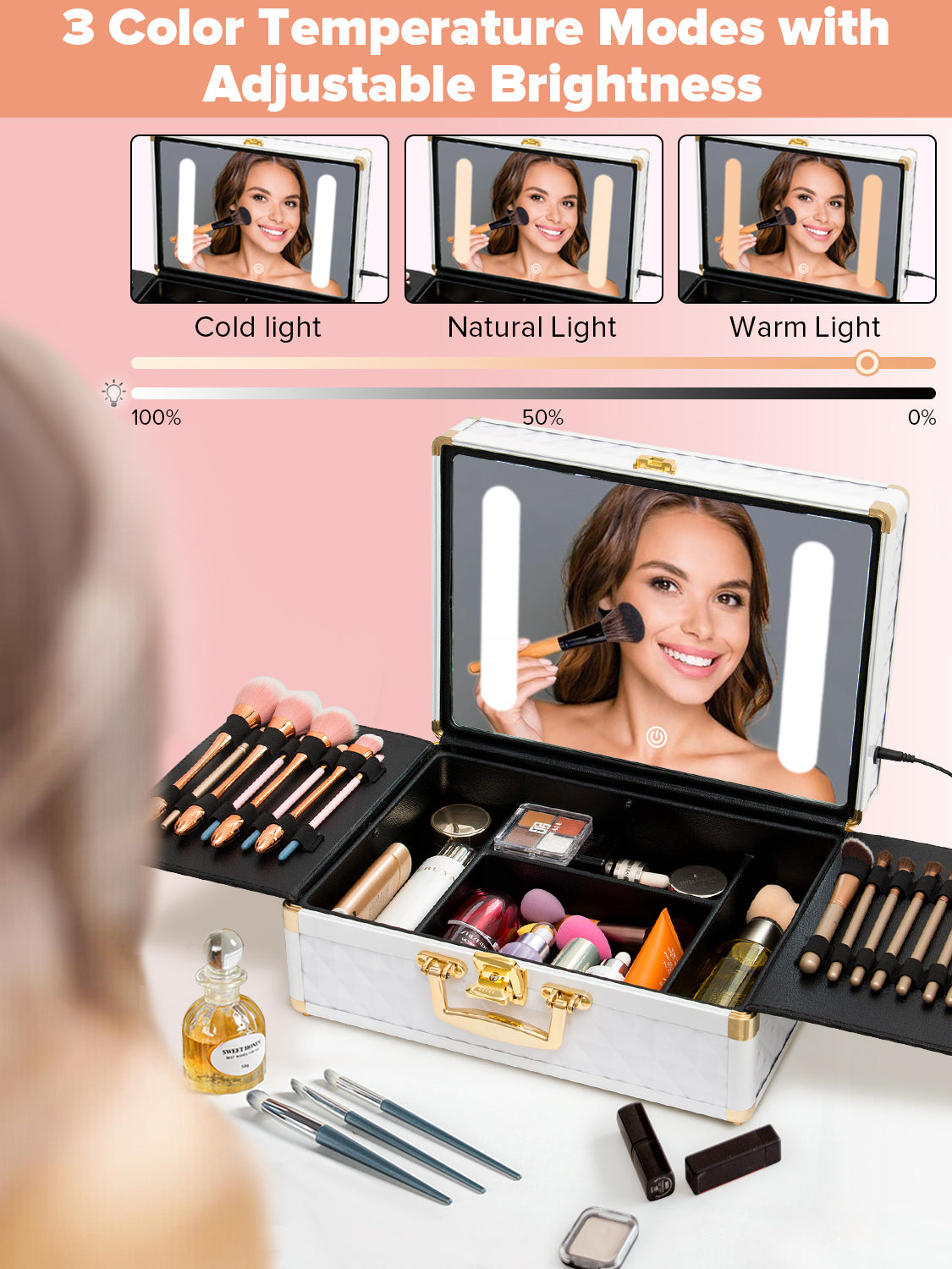 Portable makeup case, travel makeup bag with LED mirror, locked makeup storage box, brush holder, divider, rechargeable, white - Julia M LifeStyles