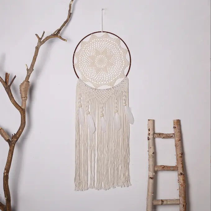 Nordic Creative Hook Flower Dream Catching Net Feather Wind Chime Pendant Home Decor Entrance Decoration Wedding Background eprolo