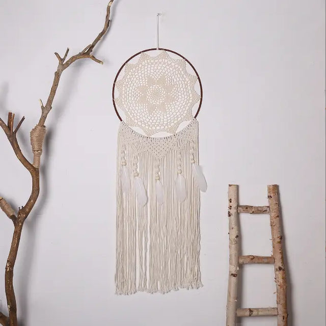 Nordic Creative Hook Flower Dream Catching Net Feather Wind Chime Pendant Home Decor Entrance Decoration Wedding Background eprolo