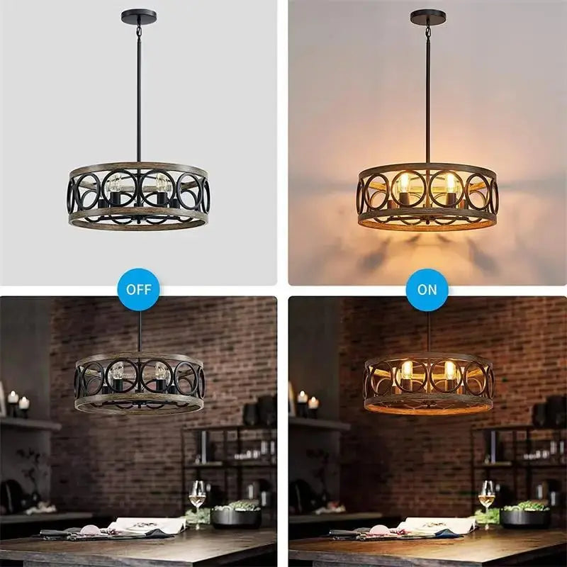 American Industrial Circular Chandelier with Retro Iron Art and Wood Grain - Julia M LifeStyles