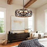 American Industrial Circular Chandelier with Retro Iron Art and Wood Grain - Julia M LifeStyles