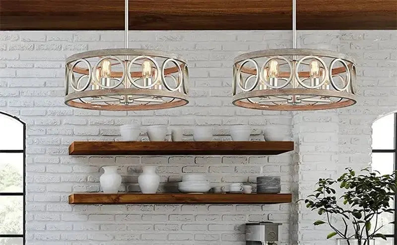 American Industrial Circular Chandelier with Retro Iron Art and Wood Grain - Julia M LifeStyles
