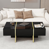 ON-TRANS 47.2 inch x 31.4 inch multifunctional rectangular sofa table with 2 drawers and gold wood grain leg center table, black