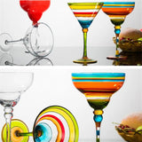 Collage of colorful glassware with striped patterns on a white background.