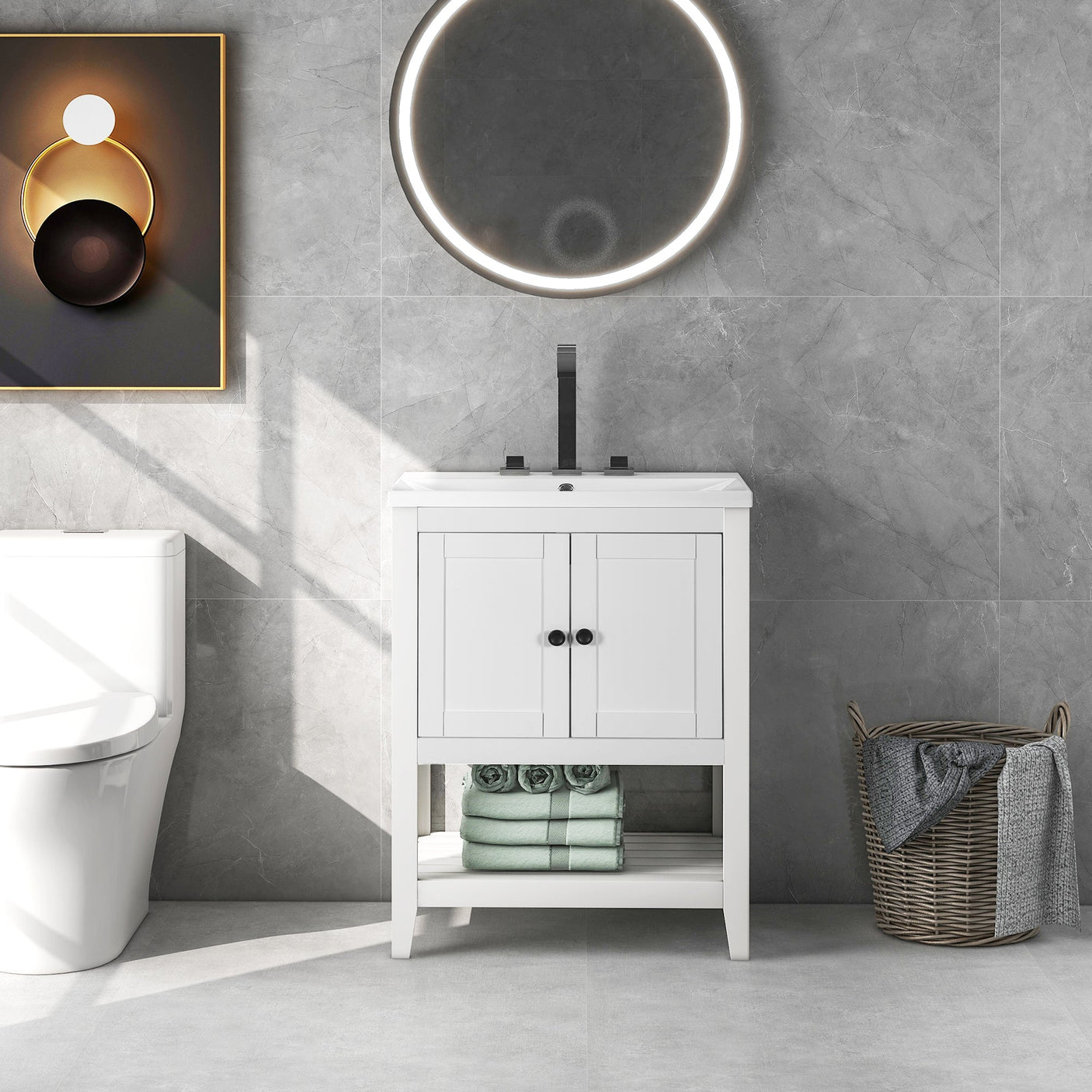 24" White Modern Sleek Bathroom Vanity Elegant Ceramic Sink with Solid Wood Frame Open Style Shelf Julia M Home & Kitchen